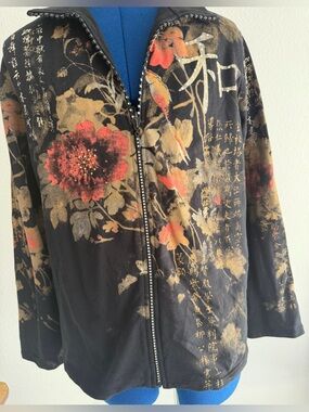 Vintage Jess and Jane Black Floral rhinestone Zip-Front jacket